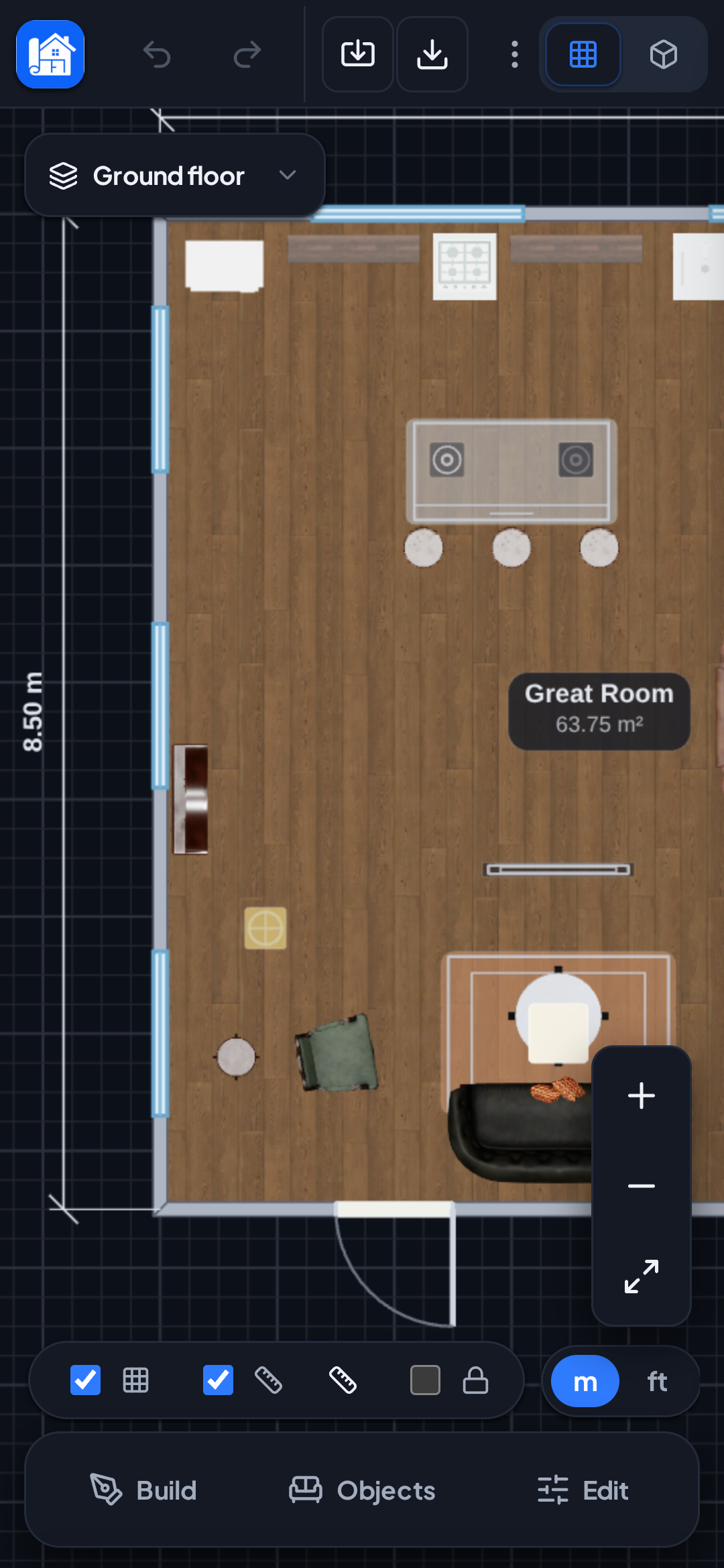 2D floor plan editor with photoreal wood floors